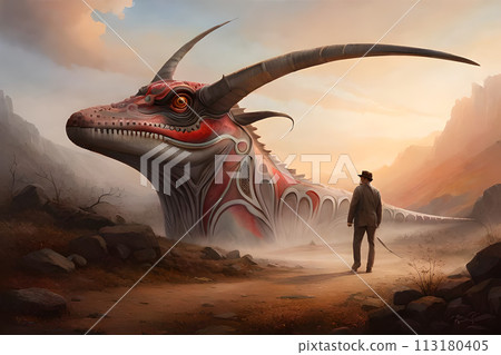 A painting of a dinosaur with a mountain in the background. 113180405