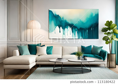 Marble abstract acrylic painting in the interior of the room. Marbling artwork texture. 113180422