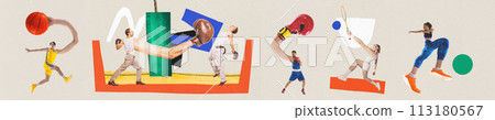 Banner. Contemporary art collage. Basketball and tennis players, fighters and runners with long arms and legs training their strength. Banner. Contemporary art collage. Basketball and tennis players, fighters and runners with long arms and legs training their strength. 113180567