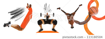 Banner. Contemporary art collage. Basketball and weightlifting. Young, active people, sportsmen with long legs and arms training. 113180584