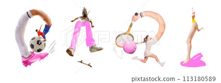 Banner. Contemporary art collage. Football, tennis, skateboarding, swimming. Sportsman with long legs and arms training. Banner. Contemporary art collage. Football, tennis, skateboarding, swimming. Sportsman with long legs and arms training. 113180589