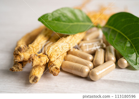 Ginseng, dried vegetable herb. Healthy food famous export food in Korea country. Ginseng, dried vegetable herb. Healthy food famous export food in Korea country. 113180596