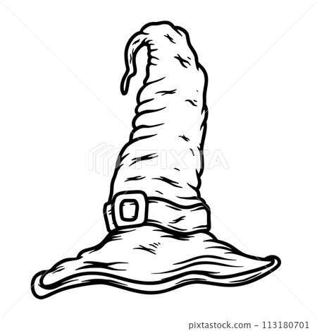 Illustration of halloween witch hat in vintage monochrome style. Design element for logo, label, sign, emblem, poster. Vector illustration 113180701