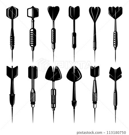 Set of illustrations of darts in vintage monochrome style. Design element for logo, label, sign, emblem, poster. Vector illustration 113180750