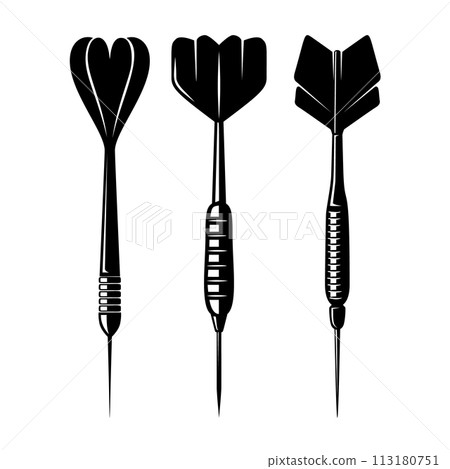 Set of illustrations of darts in vintage monochrome style. Design element for logo, label, sign, emblem, poster. Vector illustration 113180751
