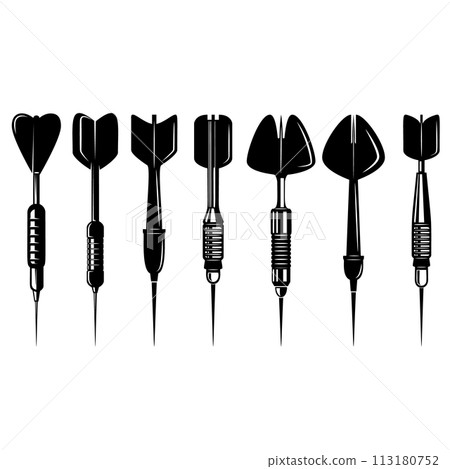 Set of illustrations of darts in vintage monochrome style. Design element for logo, label, sign, emblem, poster. Vector illustration 113180752