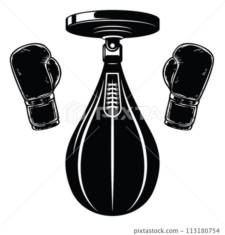 Illustration of boxing punching bag and bong gloves in vintage monochrome style. Design element for logo, label, sign, emblem, poster. Vector illustration 113180754
