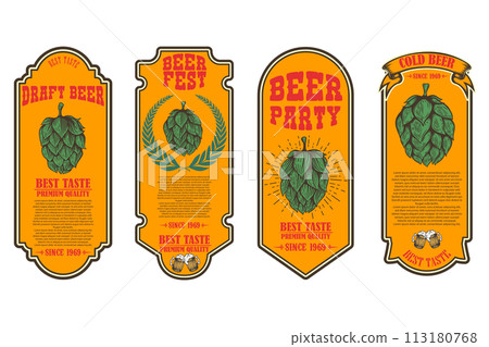 Set of beer labels with illustrations of beer hop. Vector illustration Set of beer labels with illustrations of beer hop. Vector illustration 113180768