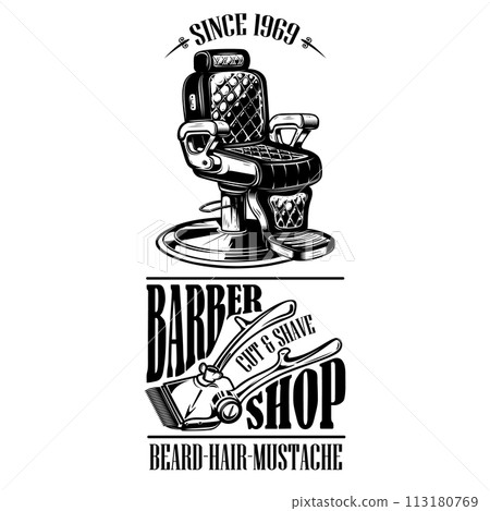 Barber shop poster template. Barber shop chair. Vector illustration 113180769