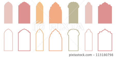 Compilation of traditional Islam window or door shapes. Set of Mosque Muslim frames in silhouette and outline. 113180798