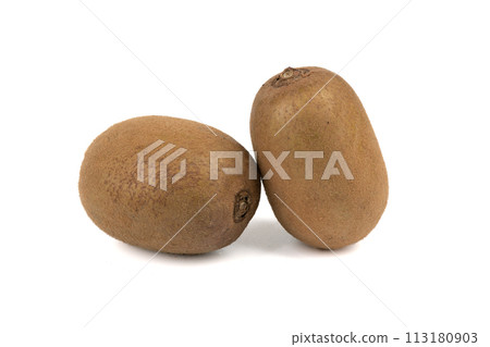 Close-up of two ripe kiwis on a white background with space for text. 113180903