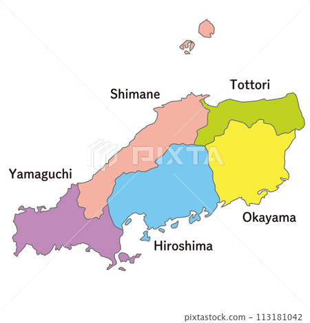 Maps, icons, and English prefecture names for each prefecture in the Chugoku region 113181042
