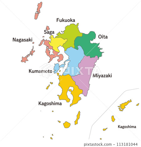 包括偏遠島嶼在內的九州地區各都道府縣的地圖，附有都道府縣的英文名稱 113181044