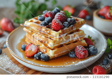 Wake to a morning delight with freshly baked waffles adorned with berries and syrup drizzle, cafe menu 113181290