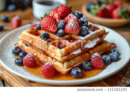 Wake to a morning delight with freshly baked waffles adorned with berries and syrup drizzle, cafe menu 113181293
