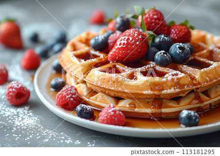 Wake to a morning delight with freshly baked waffles adorned with berries and syrup drizzle, cafe menu 113181295