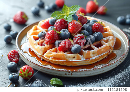 Wake to a morning delight with freshly baked waffles adorned with berries and syrup drizzle, cafe menu 113181298