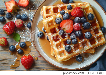 Wake to a morning delight with freshly baked waffles adorned with berries and syrup drizzle, cafe menu 113181300