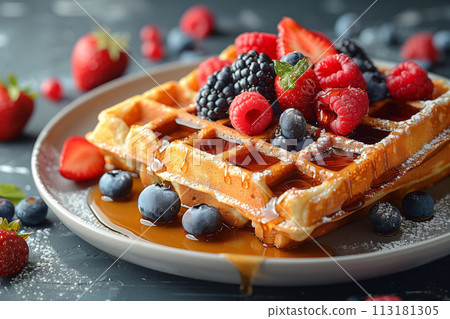 Wake to a morning delight with freshly baked waffles adorned with berries and syrup drizzle, cafe menu 113181305