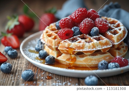 Wake to a morning delight with freshly baked waffles adorned with berries and syrup drizzle, cafe menu 113181308