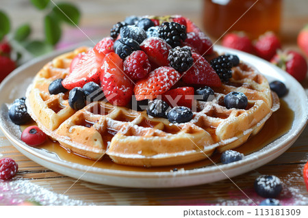 Wake to a morning delight with freshly baked waffles adorned with berries and syrup drizzle, cafe menu 113181309