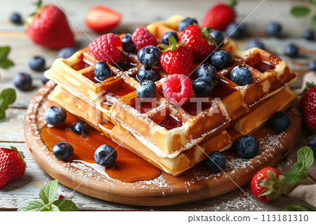 Wake to a morning delight with freshly baked waffles adorned with berries and syrup drizzle, cafe menu 113181310