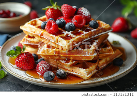 Wake to a morning delight with freshly baked waffles adorned with berries and syrup drizzle, cafe menu 113181311