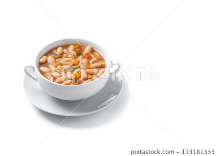 White beans soup with vegetables in white bowl isolated on white background. Copy space White beans soup with vegetables in white bowl isolated on white background. Copy space 113181333