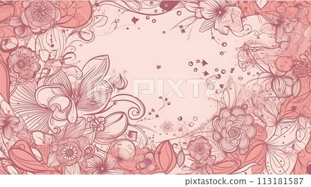 Illustration of flower with frame decoration as background. Template draft of nature circle with copy space in the center for invitation, greetings, wedding, valentine, or other love design element. 113181587