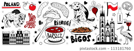 Poland travel icons set of symbols of Polish traditional dishes, animals, flag, architecture. Bison and beaver, and cabanos. English translation of dumplings, borscht, bigos.Vector illustration. 113181760