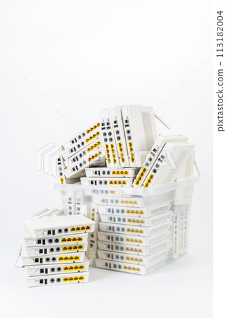 Electronic e-waste recycling industry, old network device, internet wifi router on white background 113182004