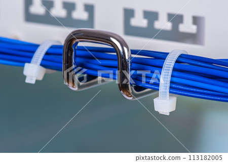 Electric cable cord on hook of organizer, close-up view 113182005