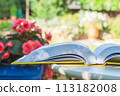 Opened book on table in summer garden , close-up view 113182008