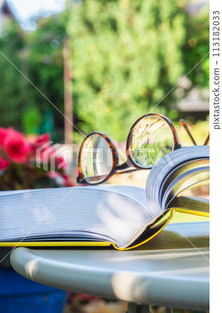 Reading glasses and open book on table in summer garden 113182033
