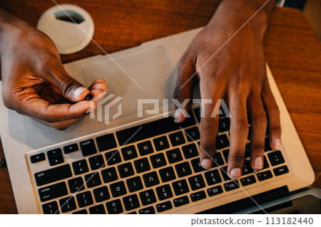 At the coffee roastery the owner a barista uses technology to check bean quality on laptop and machinery. Precision in checking ensures top-notch beans. Business owner scrutiny gives confidence. 113182440