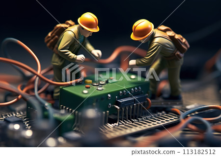 Skilled Technician Figurine Performing Precise Maintenance on a Computer Motherboard: Expertise in Digital Repairs. created with Generative AI 113182512