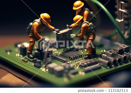 Skilled Technician Figurine Performing Precise Maintenance on a Computer Motherboard: Expertise in Digital Repairs. created with Generative AI 113182513