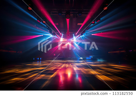 Vibrant Retro Disco Dance Floor An Empty Night Club Stage Alight with Red and Blue Spotlights, Laser Beams, Billowing Smoke, and Groovy Party Vibes. created with Generative AI 113182550
