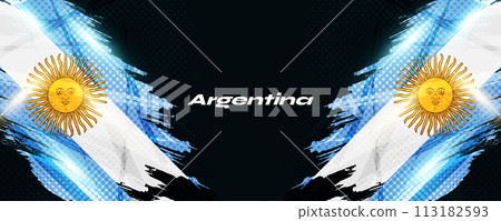 Argentina Flag in Grunge Brush Paint Style with Halftone and Glowing Light Effects. Argentinian Flag in Grunge Concept 113182593