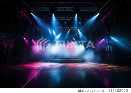 Vibrant Retro Disco Dance Floor An Empty Night Club Stage Alight with Red and Blue Spotlights, Laser Beams, Billowing Smoke, and Groovy Party Vibes. created with Generative AI 113182650