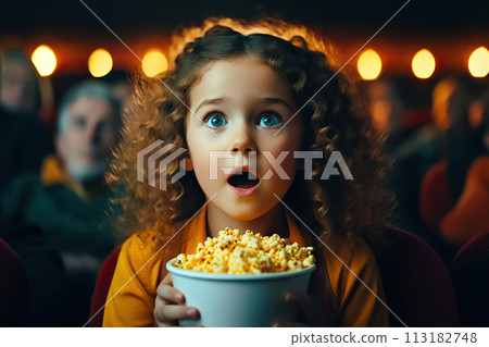 Captivated Little Girl, Astonished and Surprised, Experiencing the Magic of Cinema while Watching a Movie. created with Generative AI 113182748