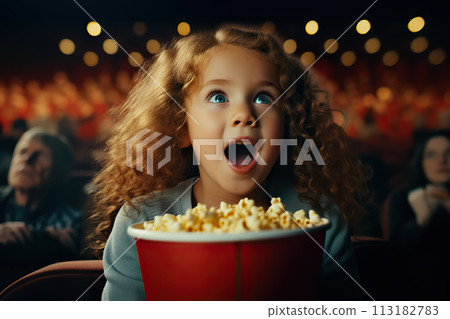 Captivated Little Girl, Astonished and Surprised, Experiencing the Magic of Cinema while Watching a Movie. created with Generative AIe Captivated Little Girl, Astonished and Surprised, Experiencing the Magic of Cinema while Watching a Movie. created with Generative AIe 113182783