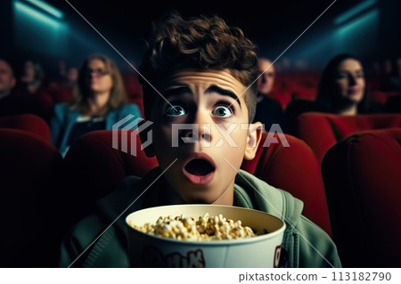 Astonished Boy in Awe A Gaze of Surprised Wonder While Watching a Movie in the Cinema. created with Generative AI Astonished Boy in Awe A Gaze of Surprised Wonder While Watching a Movie in the Cinema. created with Generative AI 113182790