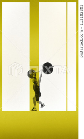 Poster. Contemporary art collage. Strong, young athlete man, bodybuilder doing exercises with barbell against striped background. 113182803