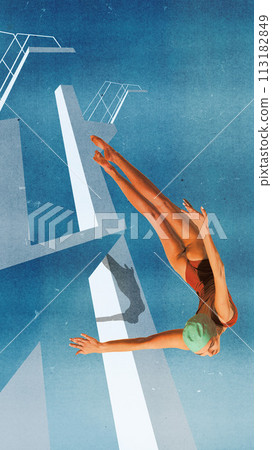 Poster. Contemporary art collage. Young woman with athletic body in swimwear, posing in mid air while jumped from platform to diving. 113182849