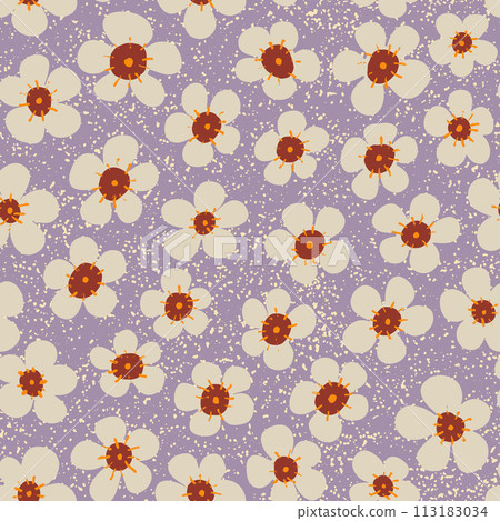 Floral vector seamless pattern. Ditsy flowers on textured pastel purple background. Cute modern hand drawn abstract floral motif. Delicate summer blooming design for textile, fabrics, stationary Floral vector seamless pattern. Ditsy flowers on textured pastel purple background. Cute modern hand drawn abstract floral motif. Delicate summer blooming design for textile, fabrics, stationary 113183034