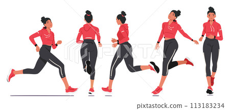 Young Girl Athlete Dashes Gracefully Side, Front And Rear View. Sportswoman Character Sprints With Determination 113183234