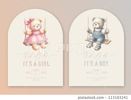 Cute baby shower watercolor invitation card for baby and kids new born celebration. Its a girl, Its a boy card with plush toy teddy bear rides on a swing. 113183241