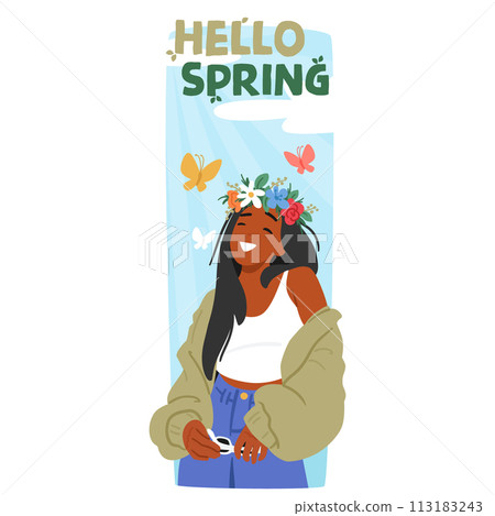 Hello Spring Banner With Joyous Young Girl Character In A Floral Wreath, Surrounded By Whimsical Butterflies 113183243