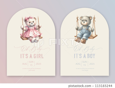 Cute baby shower watercolor invitation card for baby and kids new born celebration. Its a girl, Its a boy card with plush toy teddy bear rides on a swing. Cute baby shower watercolor invitation card for baby and kids new born celebration. Its a girl, Its a boy card with plush toy teddy bear rides on a swing. 113183244